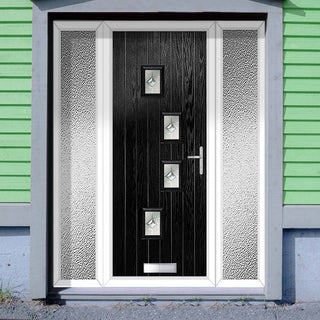 Image: Cottage Style Doretti 4 Composite Front Door Set with Double Side Screen - Hnd Roma Glass - Shown in Black