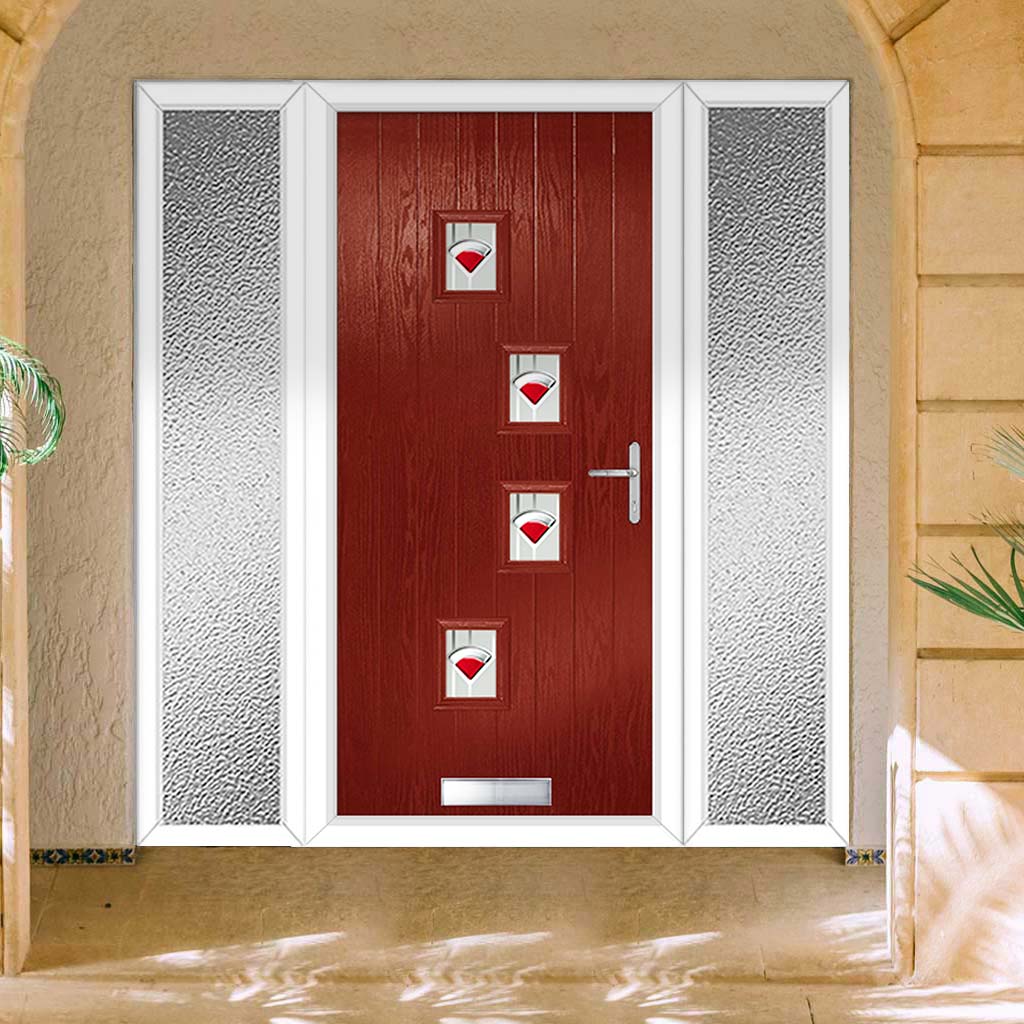 Cottage Style Doretti 4 Composite Front Door Set with Double Side Screen - Hnd Murano Red Glass - Shown in Red