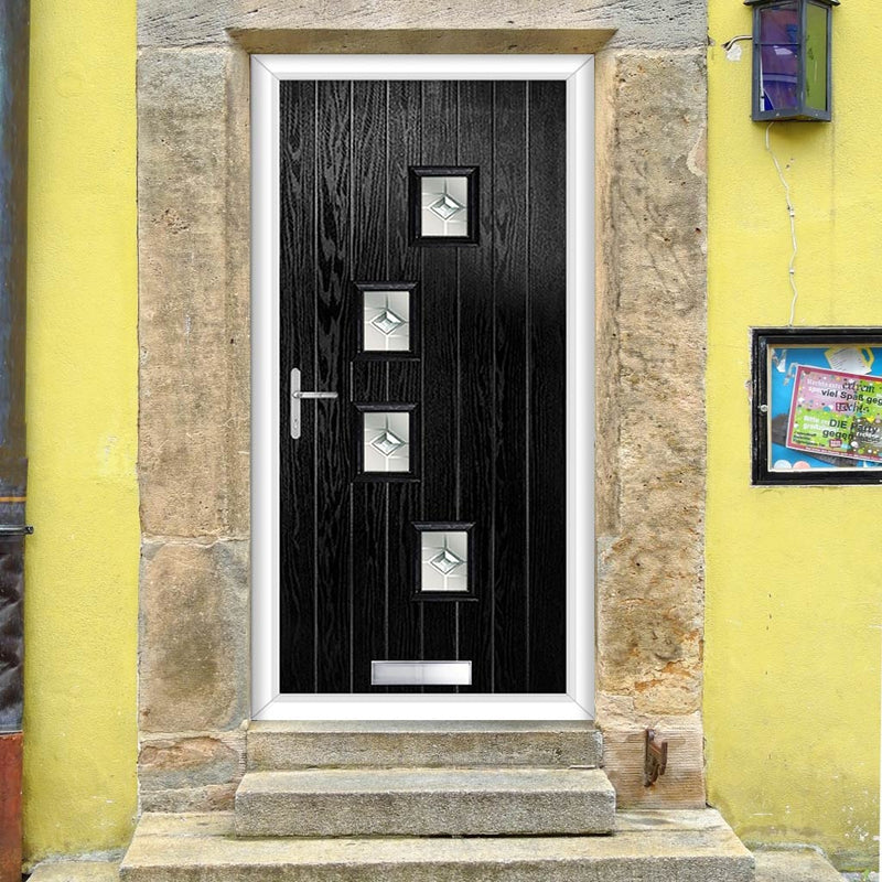 Cottage Style Doretti 4 Composite Front Door Set with Hnd Roma Glass - Shown in Black
