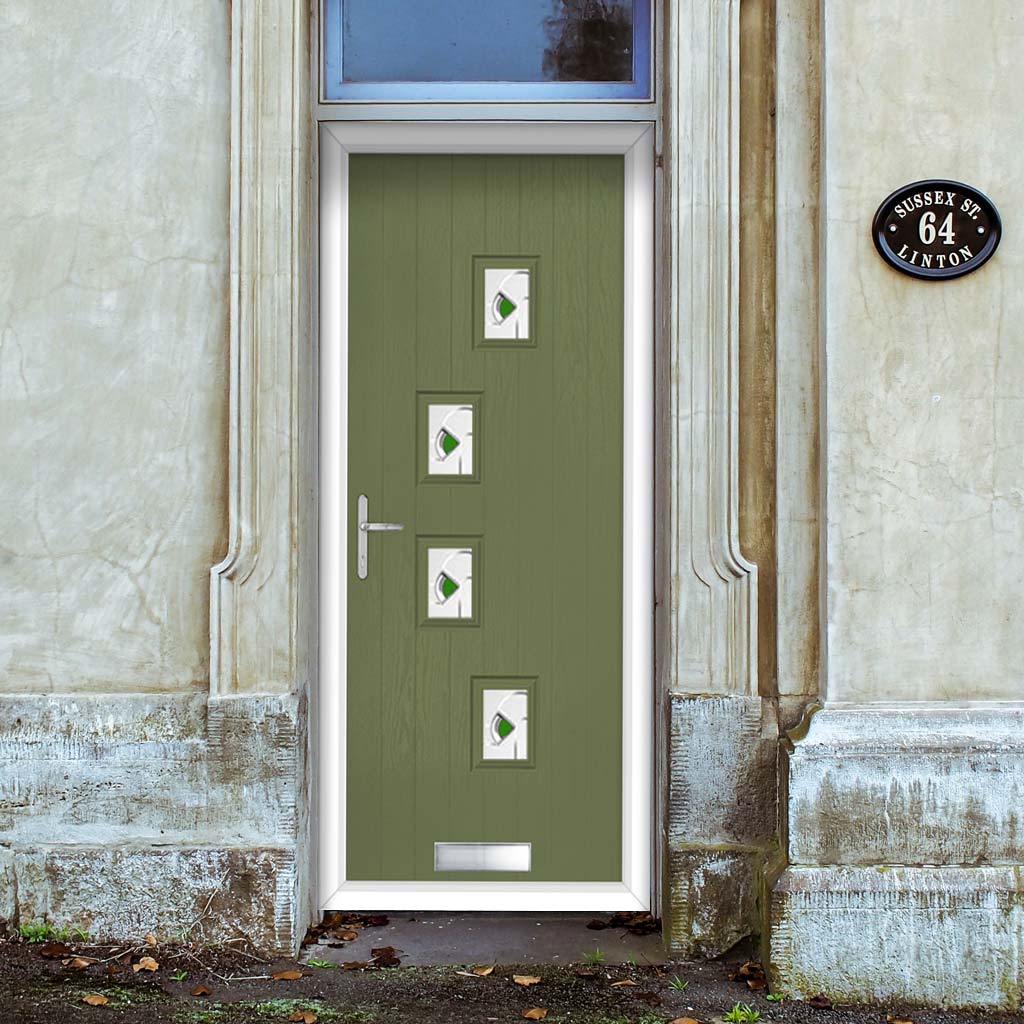 Cottage Style Doretti 4 Composite Front Door Set with Hnd Kupang Green Glass - Shown in Reed Green