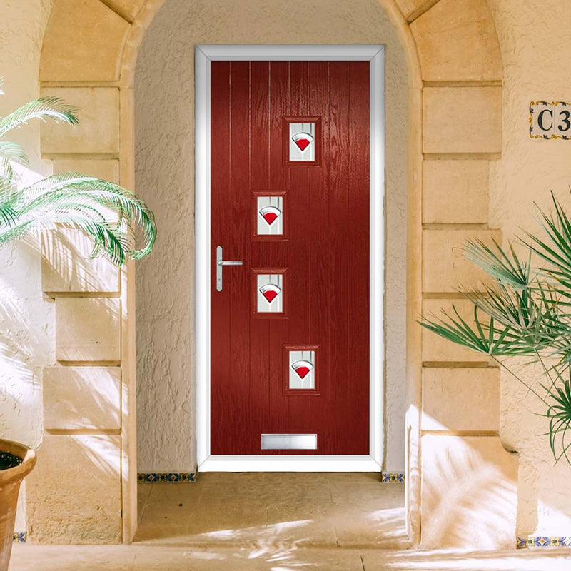 Cottage Style Doretti 4 Composite Front Door Set with Hnd Murano Red Glass - Shown in Red
