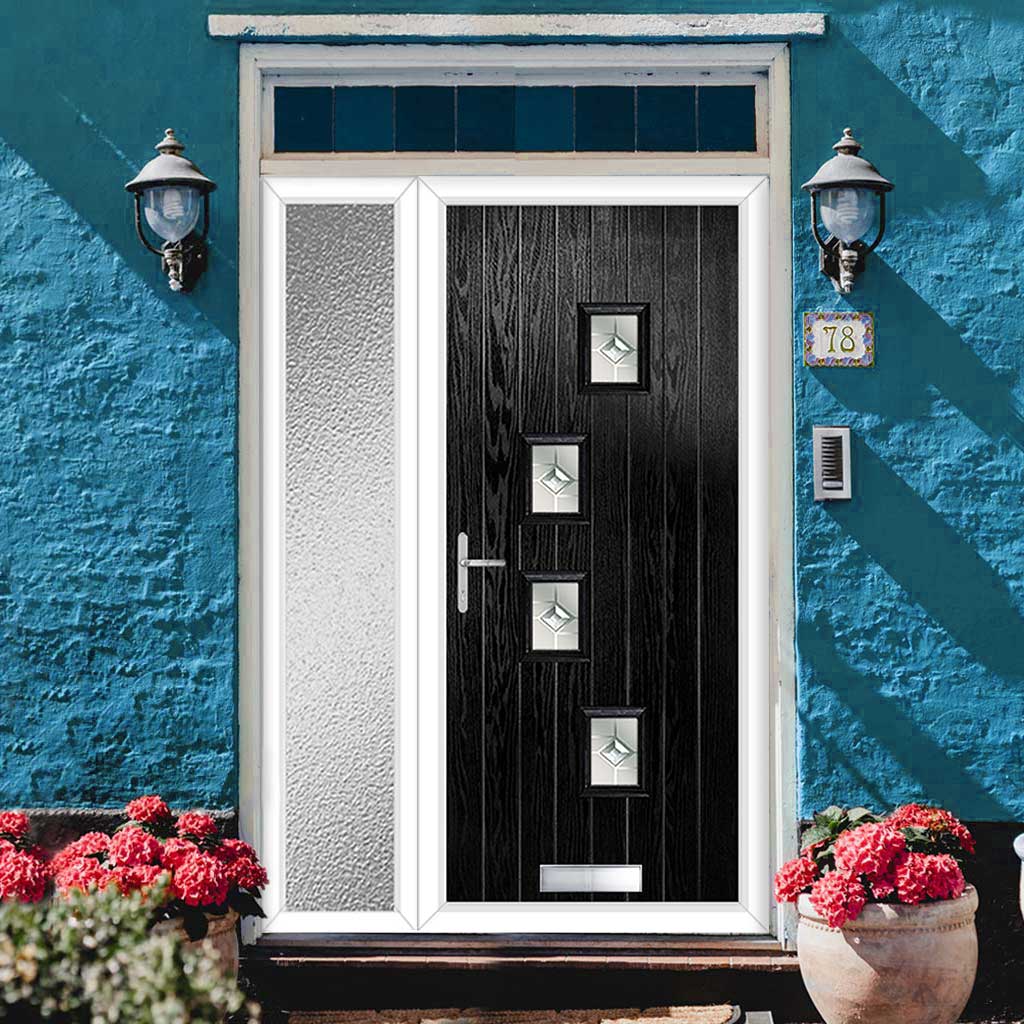 Cottage Style Doretti 4 Composite Front Door Set with Single Side Screen - Hnd Roma Glass - Shown in Black