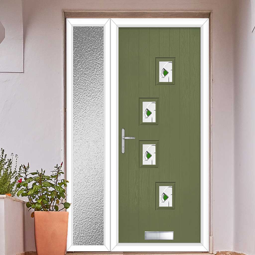 Cottage Style Doretti 4 Composite Front Door Set with Single Side Screen - Hnd Kupang Green Glass - Shown in Reed Green