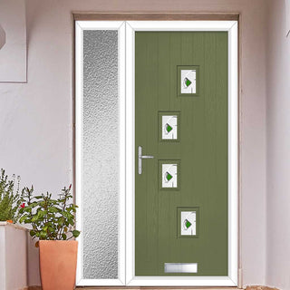 Image: Cottage Style Doretti 4 Composite Front Door Set with Single Side Screen - Hnd Kupang Green Glass - Shown in Reed Green