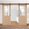 Double Sliding Door & Black Barn Track - Belize Oak Door - Silkscreen Etched Clear Glass - Unfinished