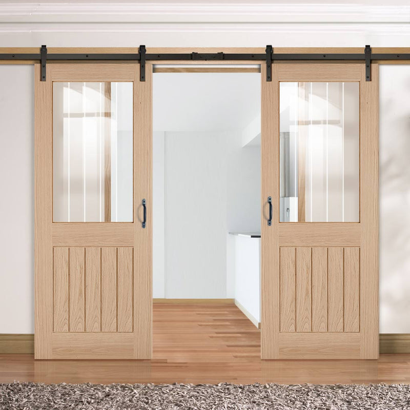Double Sliding Door & Black Barn Track - Belize Oak Door - Silkscreen Etched Clear Glass - Unfinished