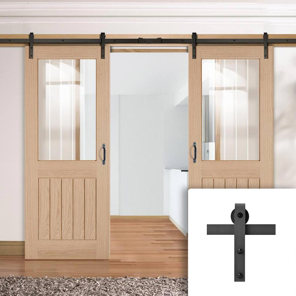 Double Sliding Door & Black Barn Track - Belize Oak Door - Silkscreen Etched Clear Glass - Unfinished