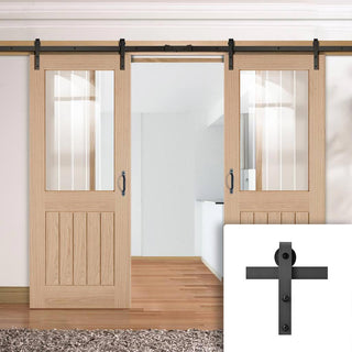 Image: Double Sliding Door & Black Barn Track - Belize Oak Door - Silkscreen Etched Clear Glass - Unfinished