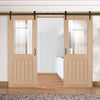 Double Sliding Door & Black Barn Track - Belize Oak Door - Silkscreen Etched Clear Glass - Unfinished