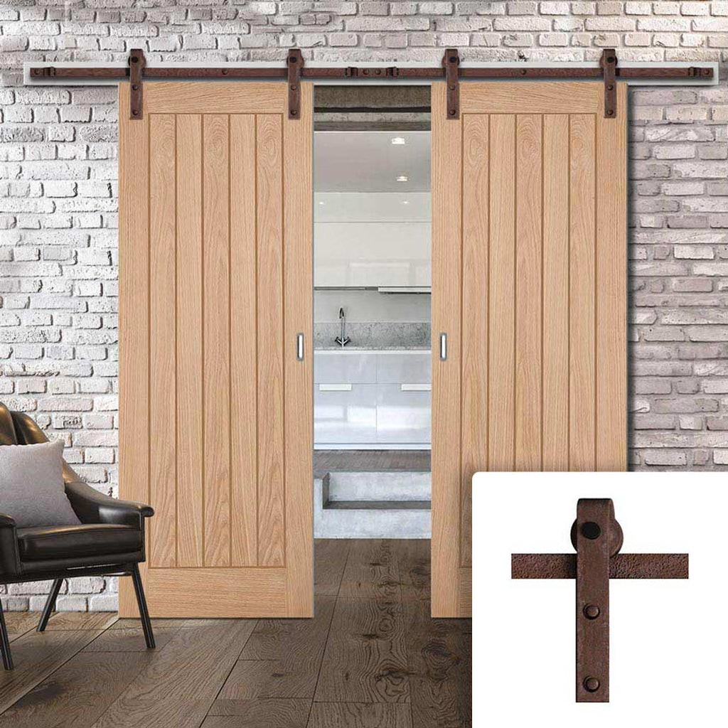 Double Sliding Door & Straight Antique Rust Track - Belize Oak Door - Prefinished
