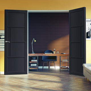 Image: Boston 4 Panel Solid Wood Internal Door Pair UK Made DD6311  - Eco-Urban® Shadow Black Premium Primed