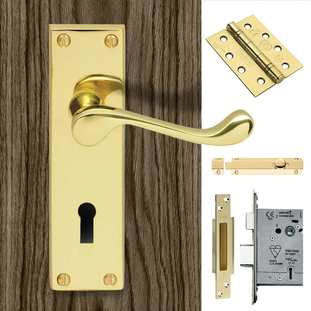 Double Door DL54 Victorian Scroll Suite Lever Lock Polished Brass - Combo Handle & Accessory Pack
