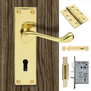 Image: Double Door DL54 Victorian Scroll Suite Lever Lock Polished Brass - Combo Handle & Accessory Pack