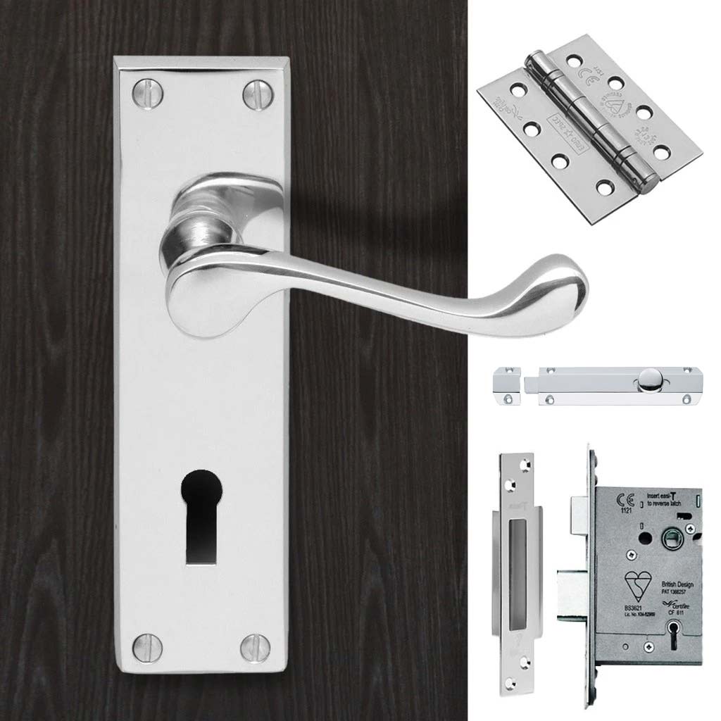 Double Door DL54 Victorian Scroll Suite Lever Lock Polished Chrome - Combo Handle & Accessory Pack