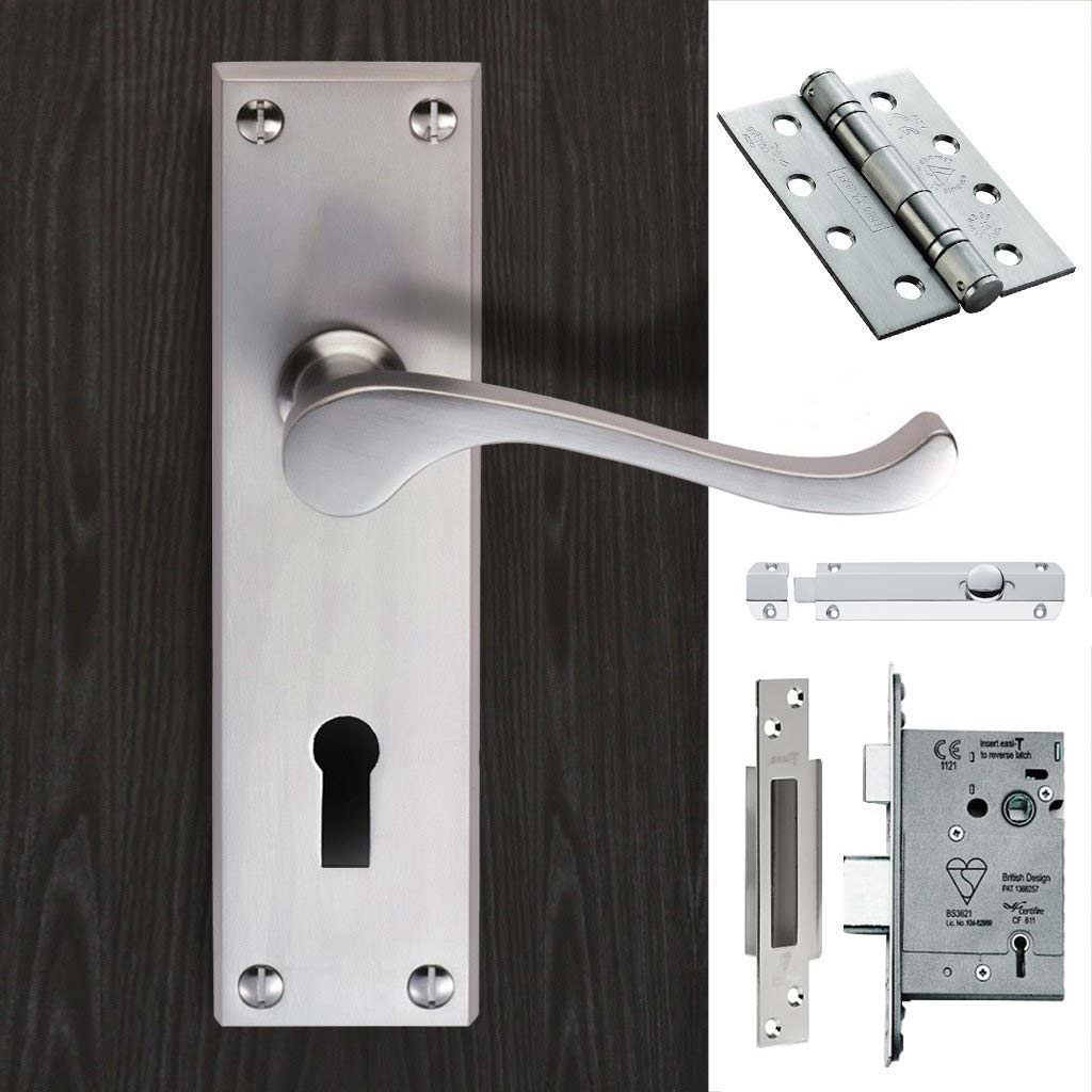 Double Door DL54 Victorian Scroll Suite Lever Lock Satin Chrome - Combo Handle & Accessory Pack