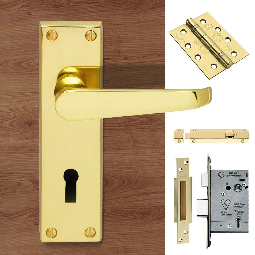 Double Door M30 Victorian Suite Lever Lock Polished Brass - Combo Handle & Accessory Pack