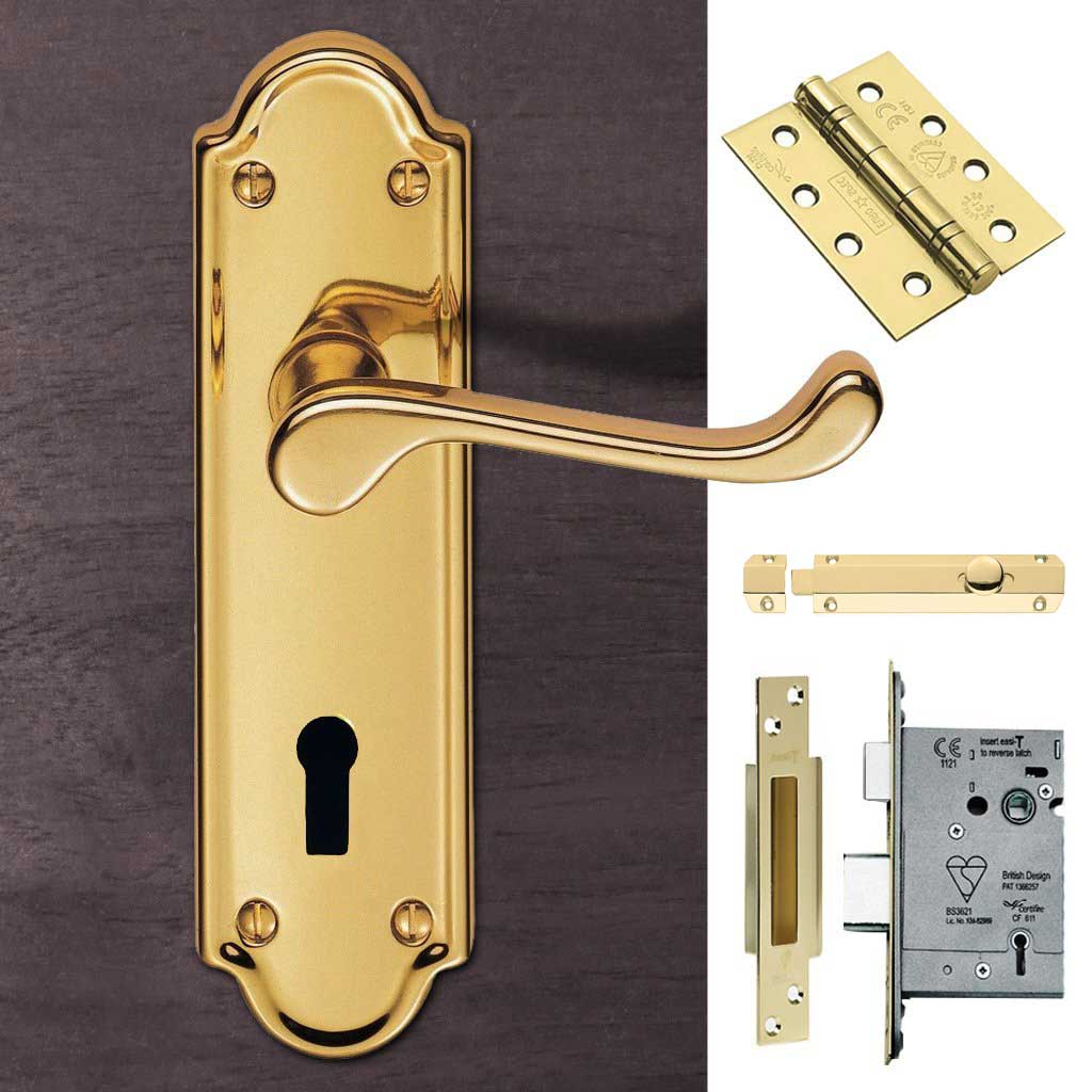 Double Door DL17 Ashtead Lever Lock Polished Brass - Combo Handle & Accessory Pack