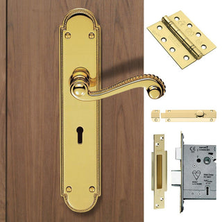Image: Double Door DL271 Chesham Lever Lock Handles Polished Brass - Combo Handle & Accessory Pack