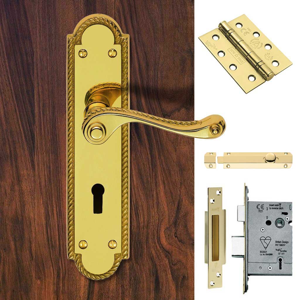 Double Door FG27 Georgian Suite Lever Lock Polished Brass - Combo Handle & Accessory Pack