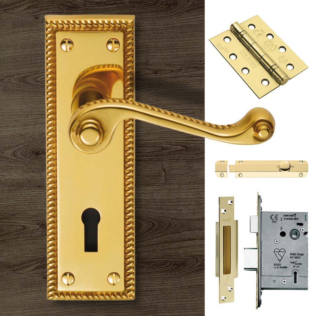 Double Door FG1 Georgian Suite Lever Lock Polished Brass - Combo Handle & Accessory Pack