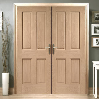 Image: Simpli Double Door Set - Victorian Oak 4 Panel Door - No Raised Mouldings - Prefinished