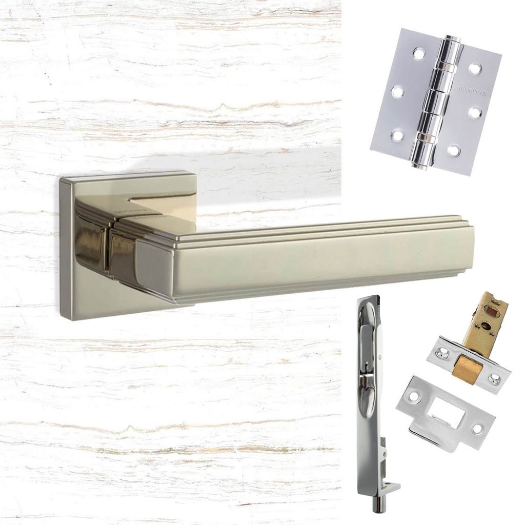 Rebated Double Door Pack Forme Alila Designer Lever on Minimal Square Rose Polished Nickel Combo Handle & Accessory Pack