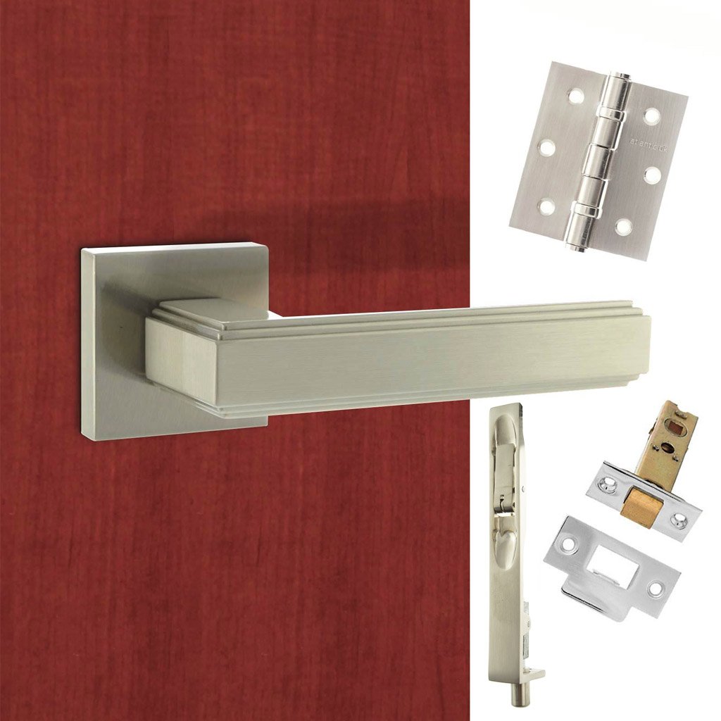 Rebated Double Door Pack Forme Alila Designer Lever on Minimal Square Rose Satin Nickel Combo Handle & Accessory Pack