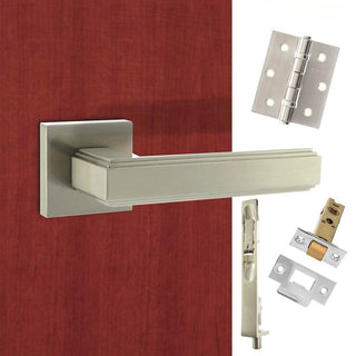 Image: Rebated Double Door Pack Forme Alila Designer Lever on Minimal Square Rose Satin Nickel Combo Handle & Accessory Pack