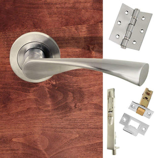 Image: Rebated Double Door Pack Colorado Status Lever on Round Rose Satin Nickel Combo Handle & Accessory Pack