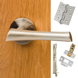 Image: Rebated Double Door Pack Corsica Mediterranean Lever On Rose Satin Nickel Combo Handle & Accessory Pack