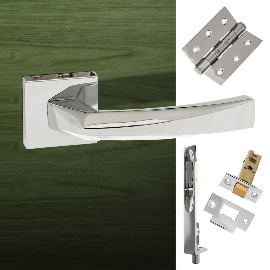 Double Door Pack Crystal Forme Designer Lever on Minimal Square Rose Polished Chrome Combo Handle & Accessory Pack
