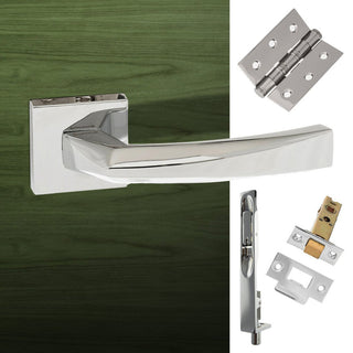 Image: Double Door Pack Crystal Forme Designer Lever on Minimal Square Rose Polished Chrome Combo Handle & Accessory Pack