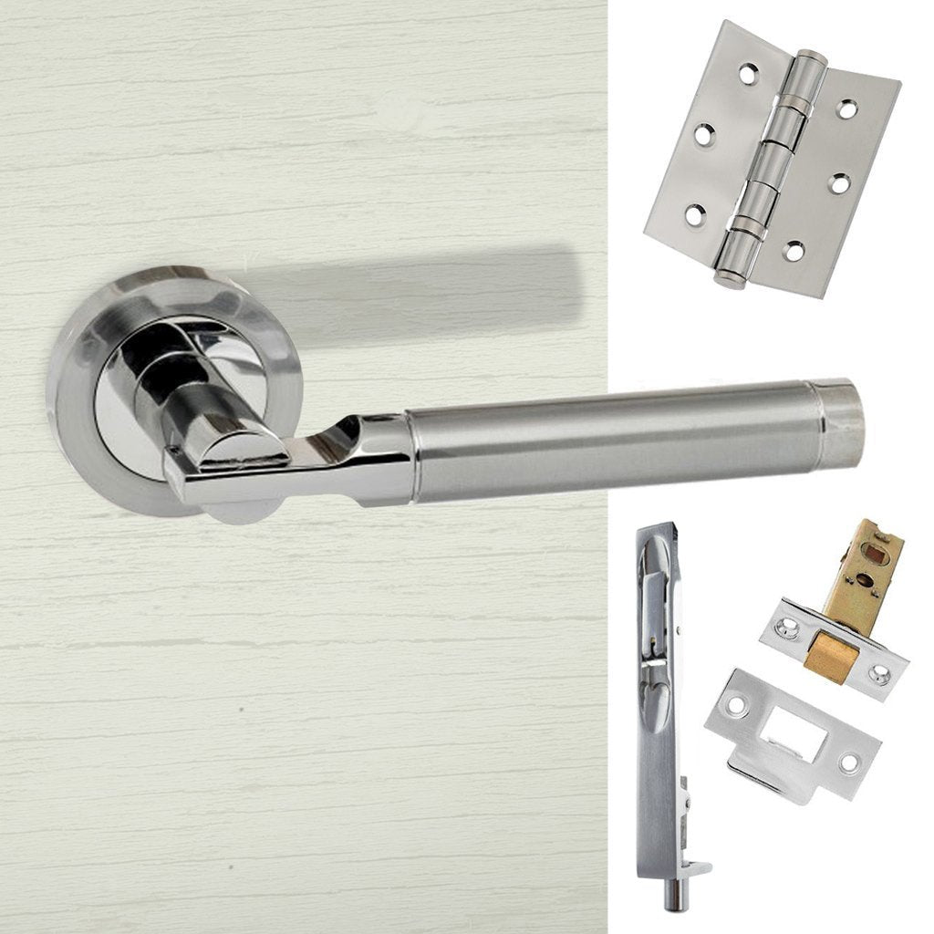 Rebated Double Door Pack Dakota Status Lever on Round Rose Satin Chrome Polished Chrome Combo Handle & Accessory Pack