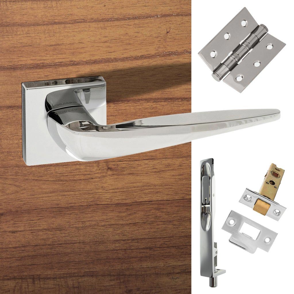 Double Door Pack Foglia Forme Designer Lever on Minimal Square Rose Polished Chrome Combo Handle & Accessory Pack