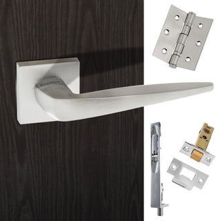 Image: Rebated Double Door Pack Foglia Forme Designer Lever on Minimal Square Rose Satin Chrome Combo Handle & Accessory Pack