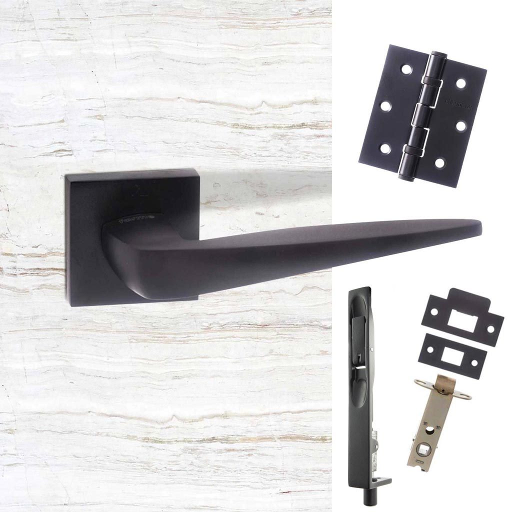 Rebated Double Door Pack Forme Foglia Designer Lever on Minimal Square Rose Matt Black Combo Handle & Accessory Pack