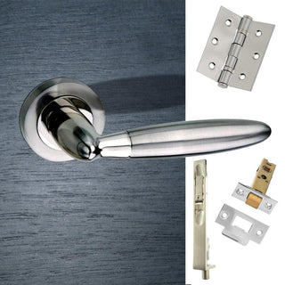 Image: Double Door Pack Gibraltar Mediterranean Lever On Rose Satin Nickel/Polished Nickel Combo Handle & Accessory Pack