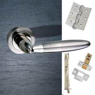 Image: Rebated Double Door Pack Gibraltar Mediterranean Lever On Rose Satin Nickel/Polished Nickel Combo Handle & Accessory Pack