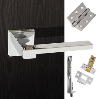Image: Rebated Double Door Pack Ginevra Forme Designer Lever on Minimal Square Rose Polished Chrome Combo Handle & Accessory Pack