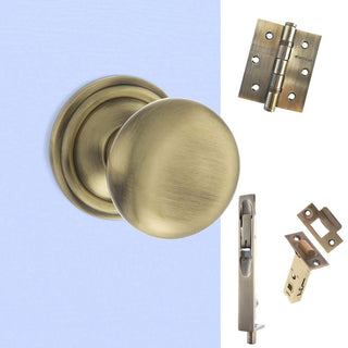 Image: Double Door Pack Harrogate Mushroom Old English Mortice Knob Antique Brass Combo Handle & Accessory Pack
