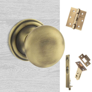 Image: Double Door Pack Harrogate Mushroom Old English Mortice Knob Matt Antique Brass Combo Handle & Accessory Pack