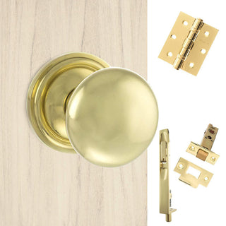 Image: Double Door Pack Harrogate Mushroom Old English Mortice Knob Polished Brass Combo Handle & Accessory Pack