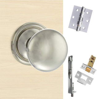 Image: Rebated Double Door Pack Harrogate Mushroom Old English Mortice Knob Polished Nickel Combo Handle & Accessory Pack