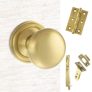 Image: Double Door Pack Harrogate Mushroom Old English Mortice Knob Satin Brass Combo Handle & Accessory Pack