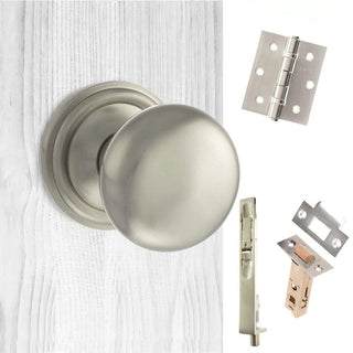 Image: Rebated Double Door Pack Harrogate Mushroom Old English Mortice Knob Satin Nickel  Combo Handle & Accessory Pack