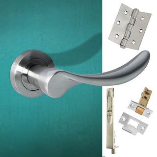 Image: Rebated Double Door Pack Malaga Mediterranean Lever on Rose Satin Nickel Combo Handle & Accessory Pack