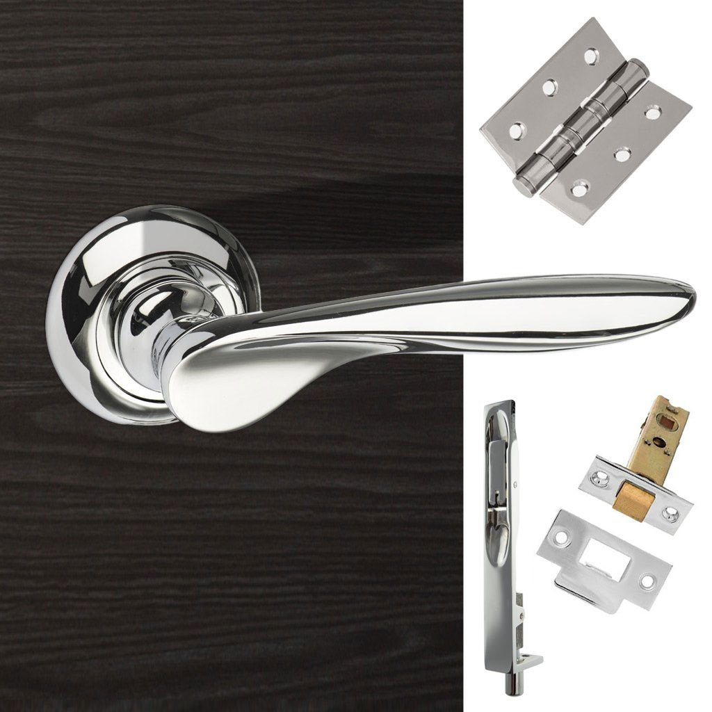 Rebated Double Door Pack Malta Mediterranean Lever on Round C Rose Polished Chrome Combo Handle & Accessory Pack