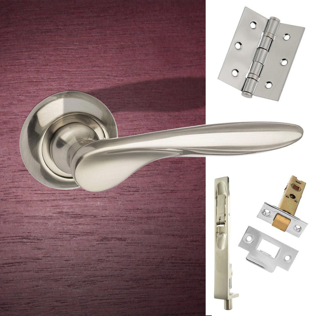 Rebated Double Door Pack Malta Mediterranean Lever on Round C Rose Satin Nickel Combo Handle & Accessory Pack