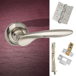 Image: Rebated Double Door Pack Malta Mediterranean Lever on Round C Rose Satin Nickel Combo Handle & Accessory Pack
