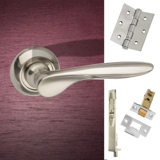 Image: Double Door Pack Malta Mediterranean Lever on Round C Rose Satin Nickel Combo Handle & Accessory Pack